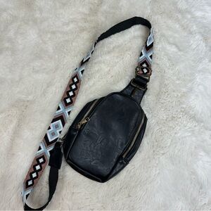 Vegan Leather Black Crossbody Sling Bag Blue Geometric Woven Strap